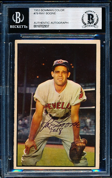 Autographed 1953 Bowman Bsbl. #79 Ray Boone, Indians- Beckett Certified/ Slabbed