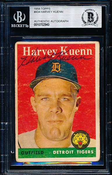 Autographed 1958 Topps Bsbl. #434 Harvey Kuenn, Tigers- Beckett Certified/ Slabbed