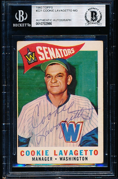 Autographed 1960 Topps Bsbl. #221 Cookie Lavagetto Mgr., Senators- Beckett Certified/ Slabbed