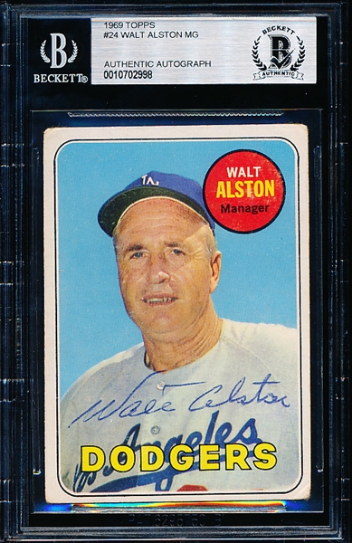 Autographed 1969 Topps Bsbl. #24 Walt Alston Mgr., Dodgers- Beckett Certified/ Slabbed