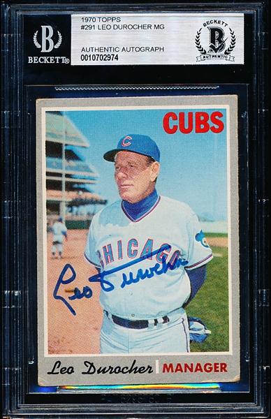 Autographed 1970 Topps Bsbl. #291 Leo Durocher Mgr., Cubs- Beckett Certified/ Slabbed