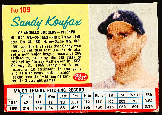1962 Post Cereal Bb- #109 Sandy Koufax, Dodgers- Blue Line Version