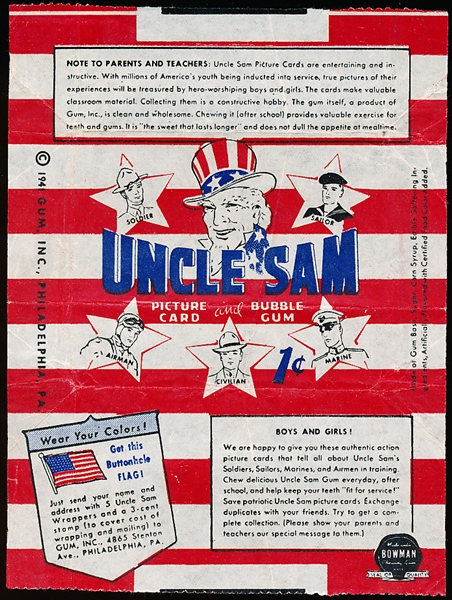 1941 Gum Inc- Uncle Sam 1 Cent Wrapper
