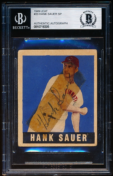Autographed 1949 Leaf Bsbl. #20 Hank Sauer SP- Beckett Authenticated/ Slabbed