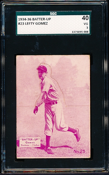 1934-36 Batter Up Baseball- #23 Lefty Gomez, Yankees- SGC 40 (Vg 3)- Pink/ Purple tint.