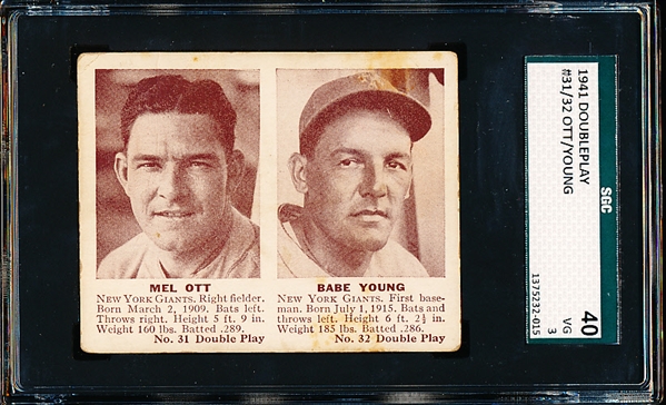 1941 Double Play Bb- #31 Mel Ott/ #32 Babe Young (Giants)- SGC 40 (Vg 3)