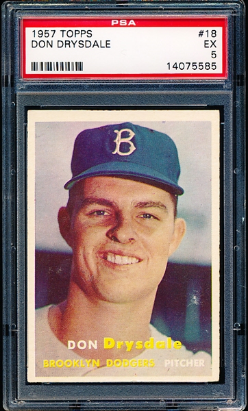 1957 Topps Baseball- #18 Don Drysdale, Dodgers- RC!- PSA Ex 5