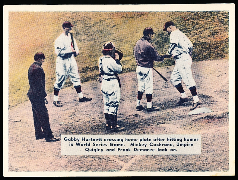 1936 R312 Pastel- “Gabby Hartnett Crossing Homeplate” with Mickey Cochrane, Umpire Quigly, Frank DeMaree
