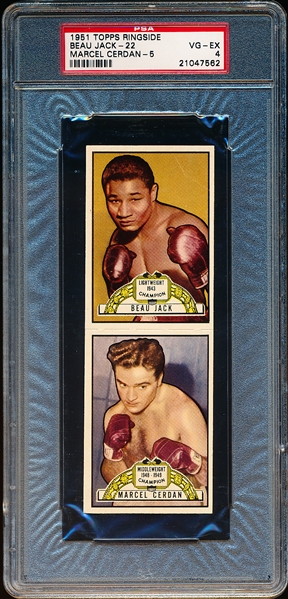 1951 Topps Ringside Boxing- 2 Card Panel- #22 Beau Jack/ #5 Marcel Cerdan- PSA Vg-Ex 4