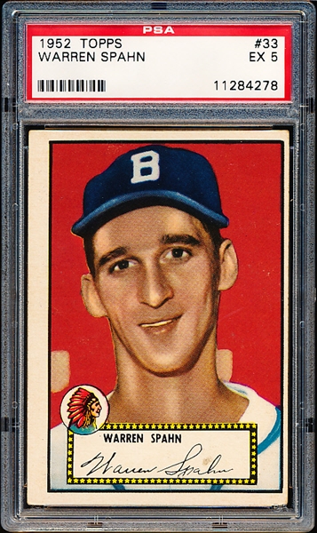 1952 Topps Baseball- #33 Warren Spahn, Braves- PSA Ex 5- Black Back