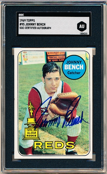1969 Topps Baseball- #95 Johnny Bench, Reds- Nice Thin Blue Sharpie Signature on Front- SGC Certified Autograph