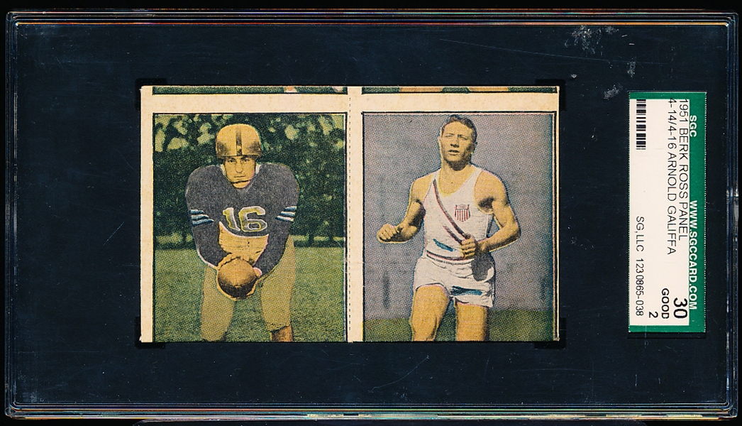 1951 Berk Ross- 2 card panel- #4-14 Arnold Galiffa (Football)/ #4-16 Glen Cunningham (track)- SGC 30 (Good 2)