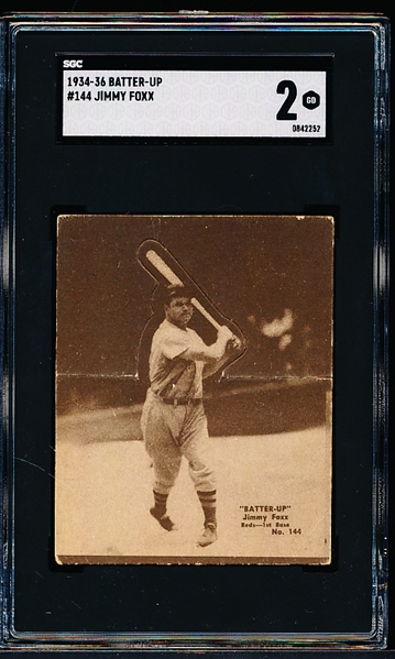 1934-36 Batter Up Baseball- Hi#- #144 Jimmy Foxx, Reds- SGC 2 (GD)- Tough Hi#’.