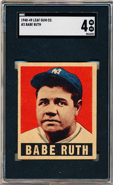 1948-49 Leaf Baseball- #3 Babe Ruth, Yankees- SGC 4 (Vg-Ex)