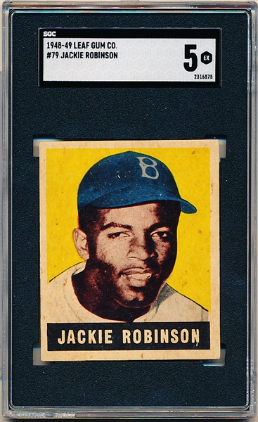 1948-49 Leaf Baseball- #79 Jackie Robinson, Dodgers- Rookie!- SGC 5 (Ex)