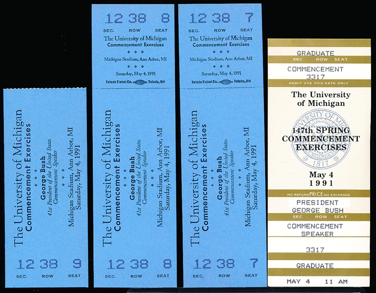 May 4, 1991 The University of Michigan Commencement Tickets- 41st President George Bush Speaker- 3 Full Tickets + One Stub