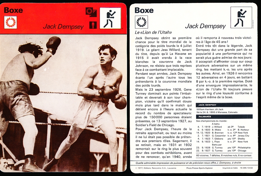 1977 Sportscaster Boxing Cards- Jack Dempsey- 2 Cards- Both Tougher French Versions