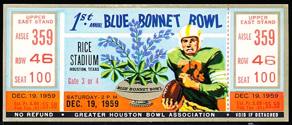 December 19, 1959 1st Annual Bluebonnet Bowl Ticket-Clemson defeated TCU 23-7.