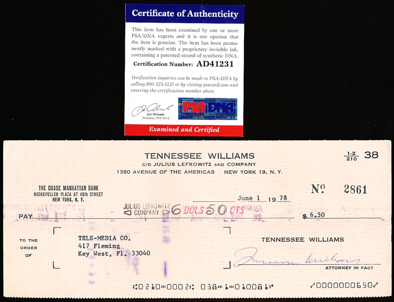 Tennessee Williams Signed 6/1/78 Bank Check- PSA/DNA Certified