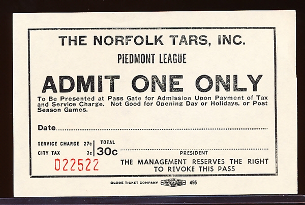 1940’s-50’s Norfolk Tars Piedmont League MiLB Admit One Game Coupon