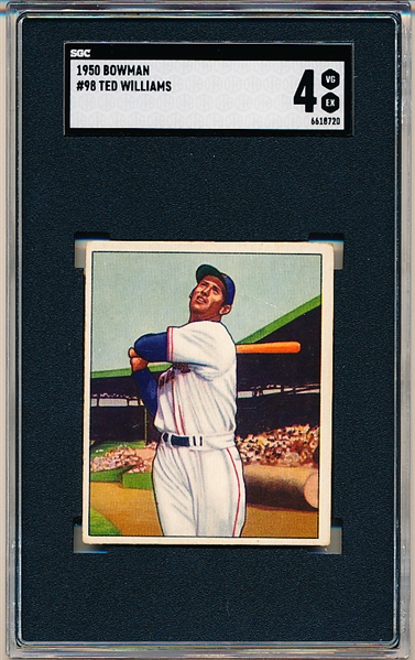 1950 Bowman Baseball- #98 Ted Williams, Red Sox- SGC 4 (Vg-Ex)