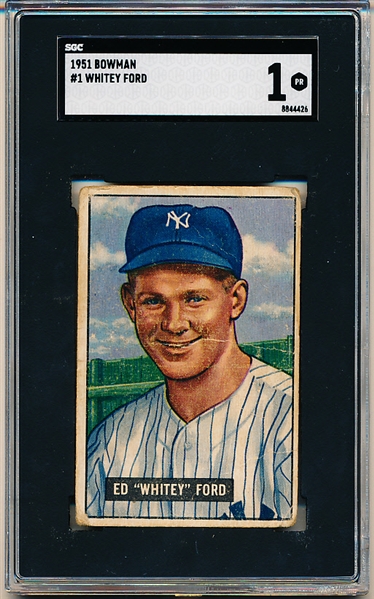 1951 Bowman Baseball- #1 Whitey Ford, Yankees- SGC 1 (Poor)