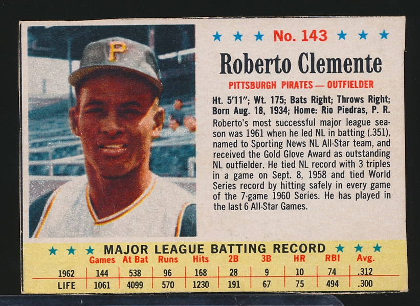 1963 Post Cereal Baseball- #143 Roberto Clemente, Pirates