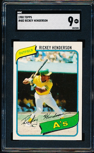 1980 Topps Baseball- #482 Rickey Henderson, A’s- Rookie!- SGC 9 (MT)