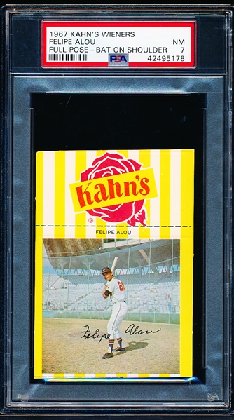 1967 Kahn’s Baseball- Felipe Alou, Braves- PSA NM 7 – (Full Pose, Bat on Shoulder)- With Top Ad Tab