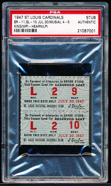 July 30, 1947- Brooklyn Dodgers @ St. Louis Cardinals- Ticket Stub- PSA Authentic