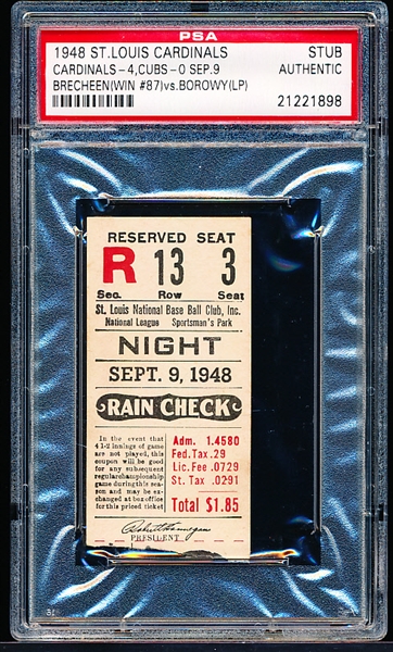Sep 9, 1948- Chicago Cubs @ St. Louis Cardinals- Ticket Stub- PSA Authentic