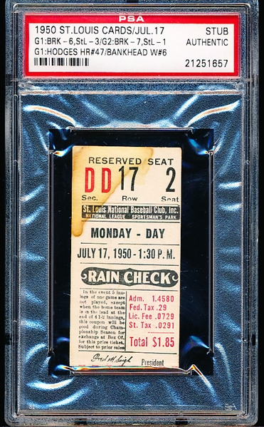 July 17, 1950- Brooklyn Dodgers @ St. Louis Cardinals- Ticket Stub- PSA Authentic