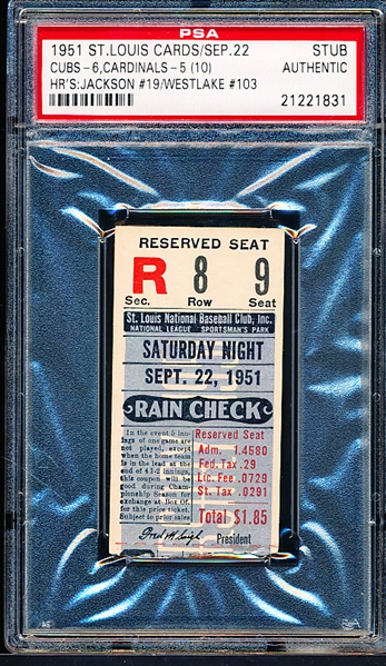 Sept 22, 1951- Chicago Cubs @ St. Louis Cardinals- Ticket Stub- PSA Authentic
