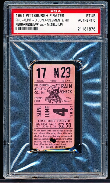 June 4, 1961- Phil. Phillies @ Pittsburgh Pirates- Ticket Stub- PSA Authentic