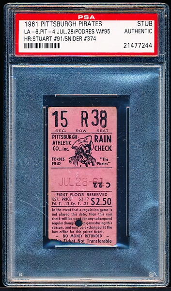 July 28, 1961- LA Dodgers @ Pitt Pirates- Ticket Stub- PSA Authentic