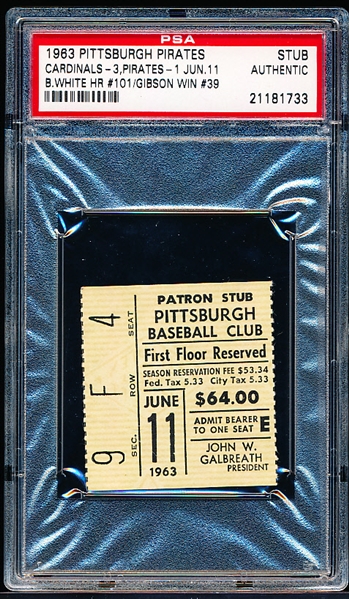 June 11, 1963 St. Louis Cardinals @ Pit. Pirates- Ticket Stub- PSA Authentic