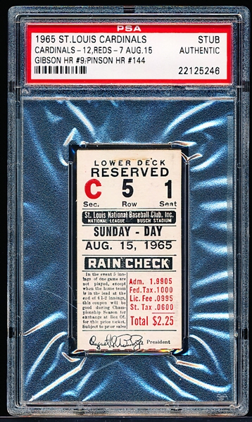 Aug 15, 1965- Cinc Reds @ St. Louis Cardinals- Ticket Stub- PSA Authentic
