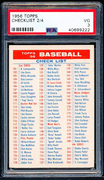1956 Topps Baseball- #2/4 Checklist- PSA Vg 3 