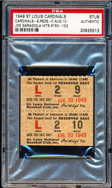 Lot Detail - August 10, 1949- Cinc. Reds @ St. Louis Cardinals Ticket Stub- PSA Authentic