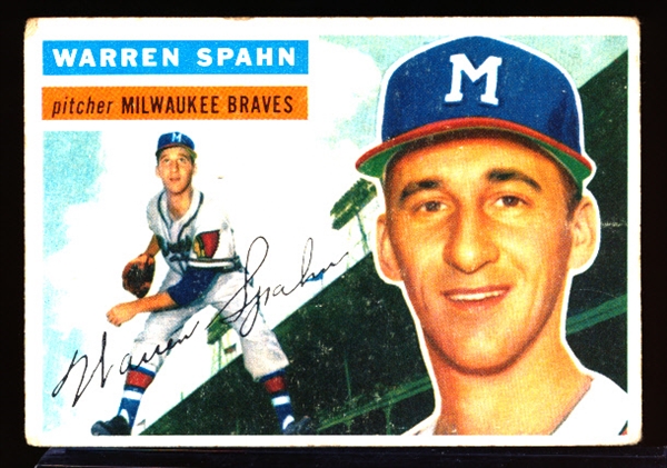 1956 Topps Bb- #10 Warren Spahn, Braves- gray back.
