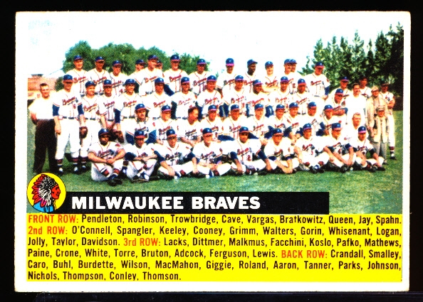 1956 Topps Baseball- #95 Milwaukee Braves Team- Gray Back- Name Left Variation