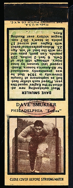 1936 Diamond Matchbooks Football- Dave Smukler, Eagles- With striker- no matches