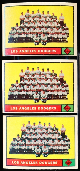 1961 Topps Baseball- #86 Dodgers Team Card- 3 Cards