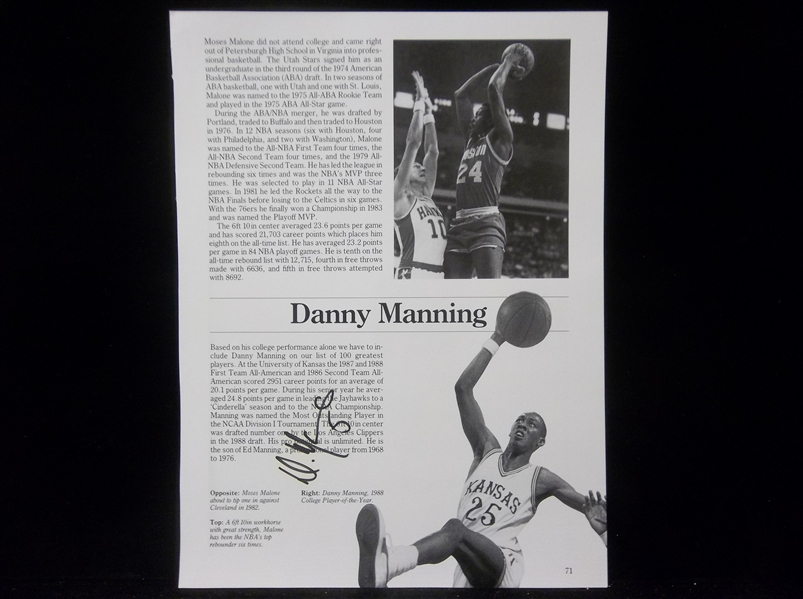 Autographed Danny Manning NCAA Bskbl. B/W 8-¾” x 11-7/8” Page from a book