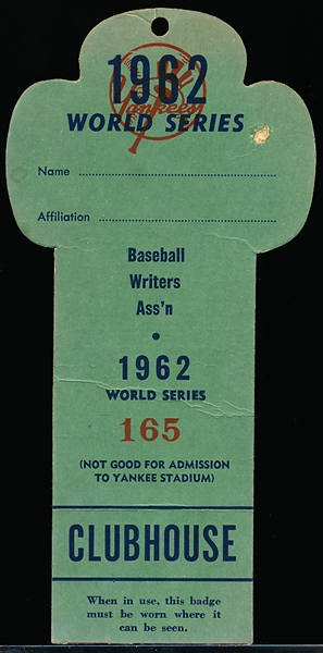 1962 MLB World Series Press Pass- New York Yankees vs. San Francisco Giants