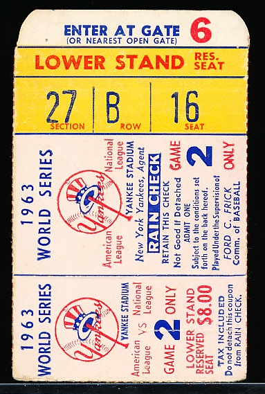 1963 MLB World Series Ticket Stub- Game 2