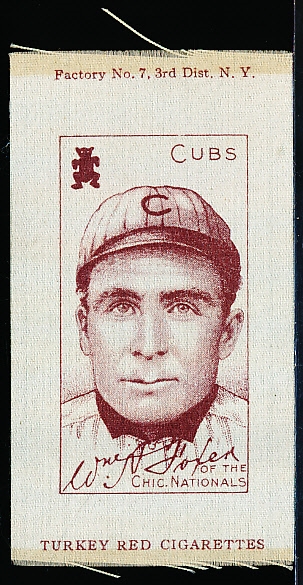 1911 S74 Baseball Colored Silk- Wm. Foxen, Cubs- Turkey Red (Factory 7)- Brownish Tone