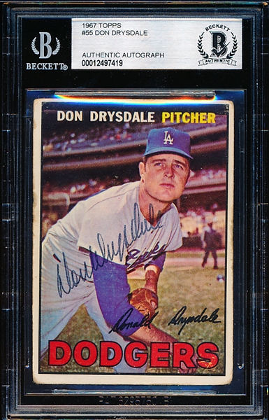 Autographed 1967 Topps Bsbl. #55 Don Drysdale, Dodgers- Beckett Certified/ Slabbed