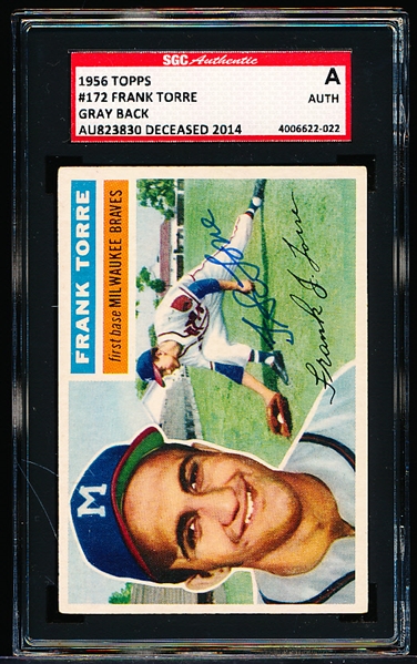 Autographed 1956 Topps Baseball- #172 Frank Torre, Braves- SGC Certified & Slabbed