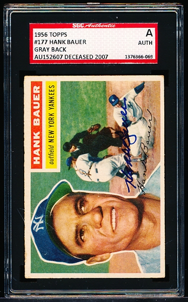 Autographed 1956 Topps Baseball- #177 Hank Bauer, Yankees- SGC Certified &d Slabbed